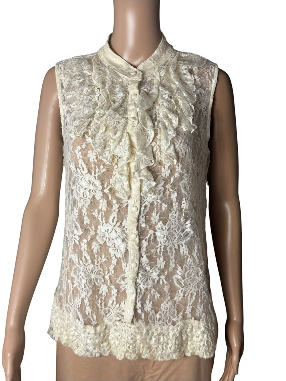 Adiva Lace Romantic Blouse Size Large Ivory Sleeveless Ruffled Chest